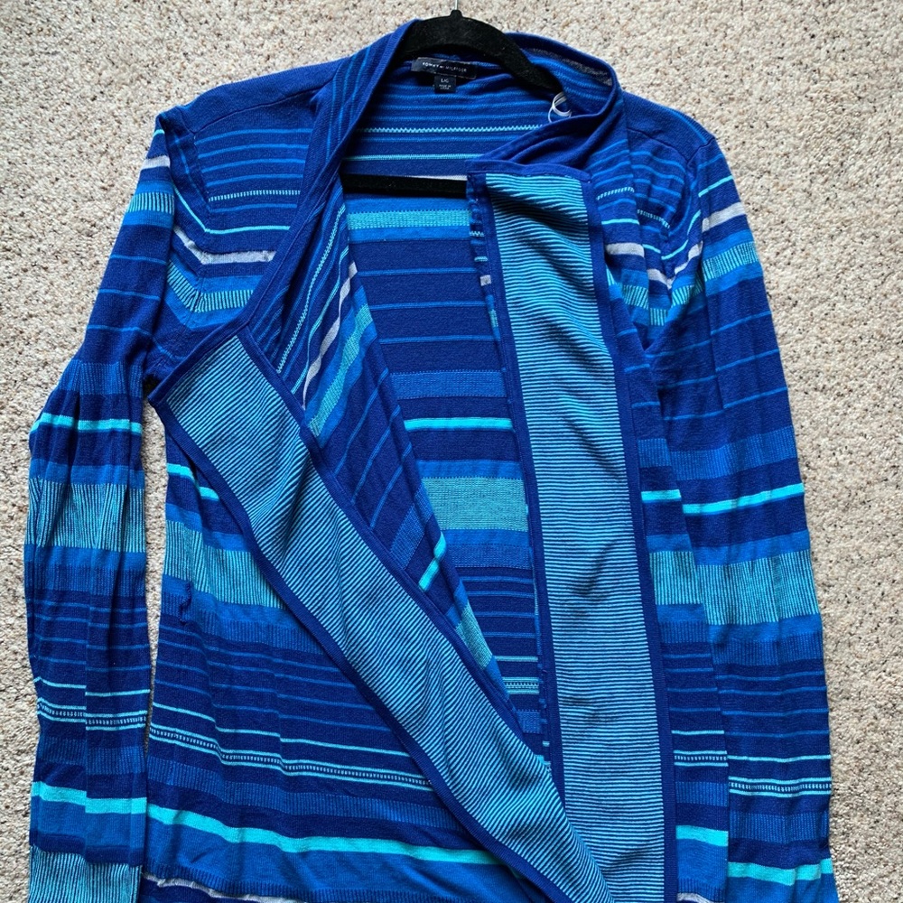 TOMMY HILFIGER WOMENS SIZE LARGE MULTI BLUE STRIPPED COZY CARDIGAN USED